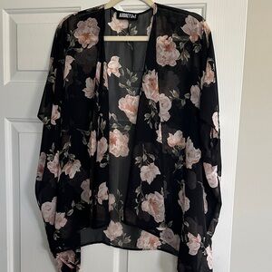 AUDREY 34 Black Sheer Floral Kimono with Blush Pink Roses